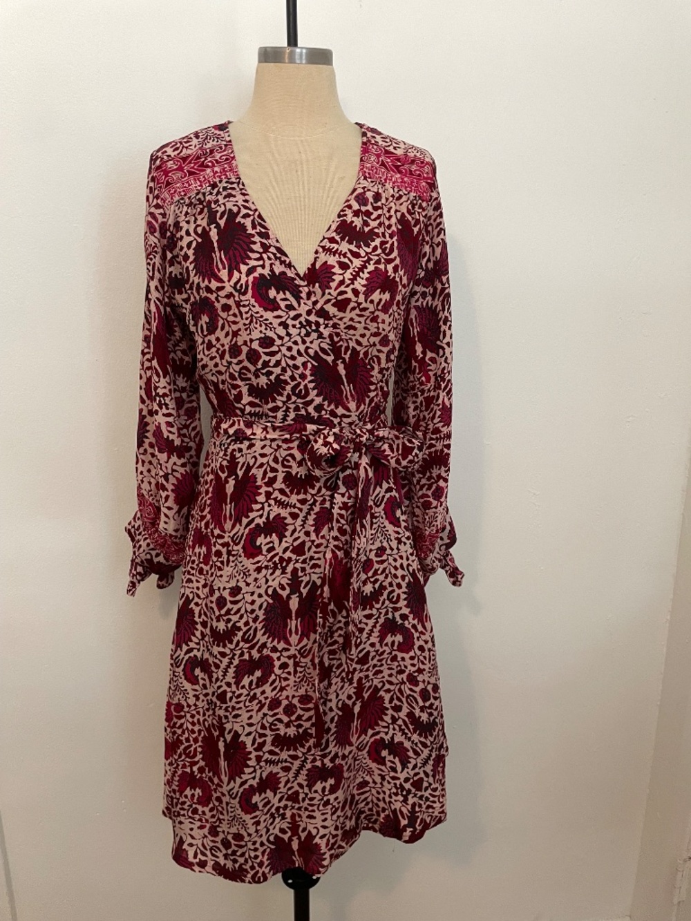 Natalie Martin Nico Mini Wrap Dress Pink Floral 100% Silk Long Sleeve Boho